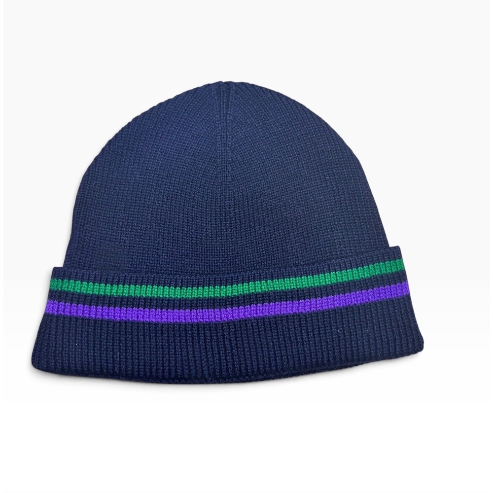 Wimbledon Mens Black 100% Merino Wool Striped Knit Beanie Hat Official Merch